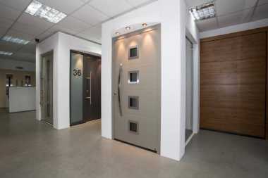 modern front doors in showroom